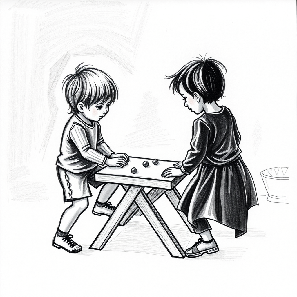 (Two children playing leapfrog game), black and white draw Picasso cubism style