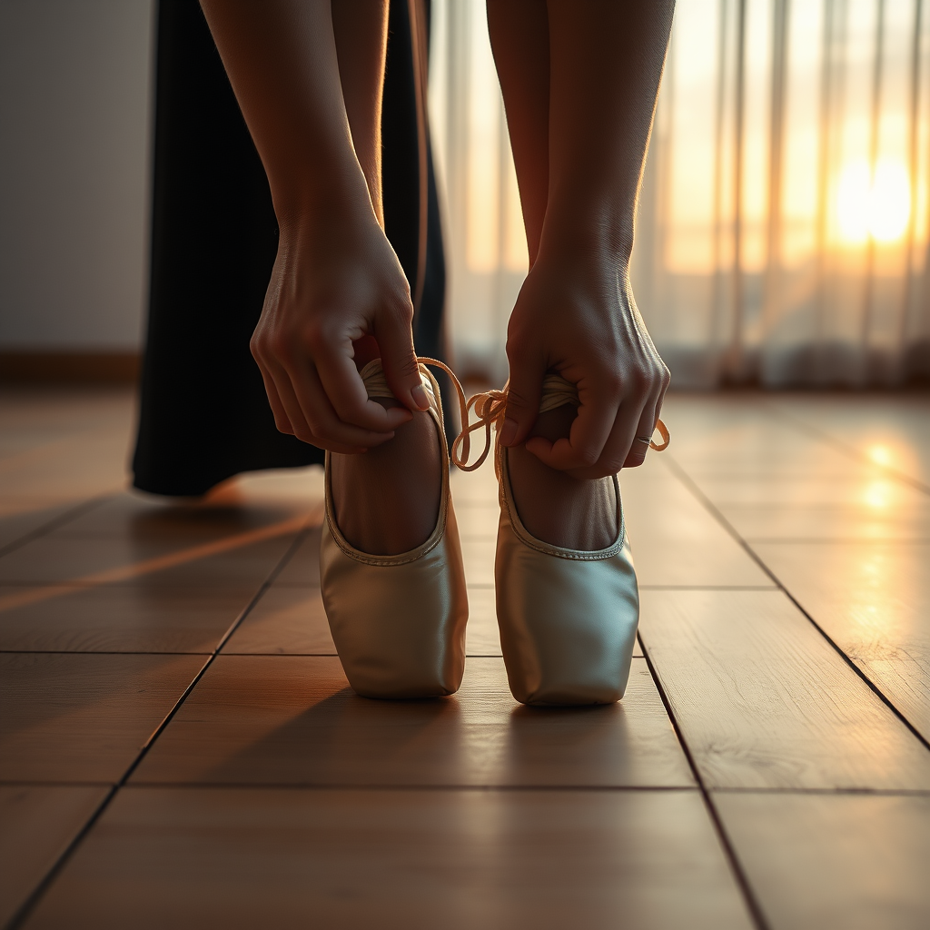 UHD, 4k, ultra detailed, cinematic, {a fashion photograph of a close-up view of two hands delicately tying ballet slippers, on a floor made of new beech wood planks, without joints, (twilight rays)}, epic, beautiful lighting, inspiring,