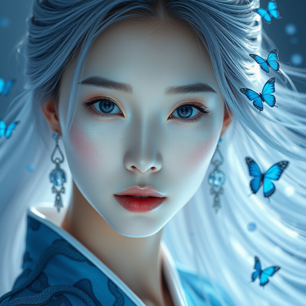 ethereal Asian woman, delicate blue snake scales shimmering on fair skin, vertical pupils, flowing silver-blue hair, modern hanbok with snake patterns, crystal accessories, dreamy atmosphere, soft blue lighting, floating blue butterflies, detailed skin texture, high fashion, artistic photography, WLOP style, 8k, masterpiece, photorealistic