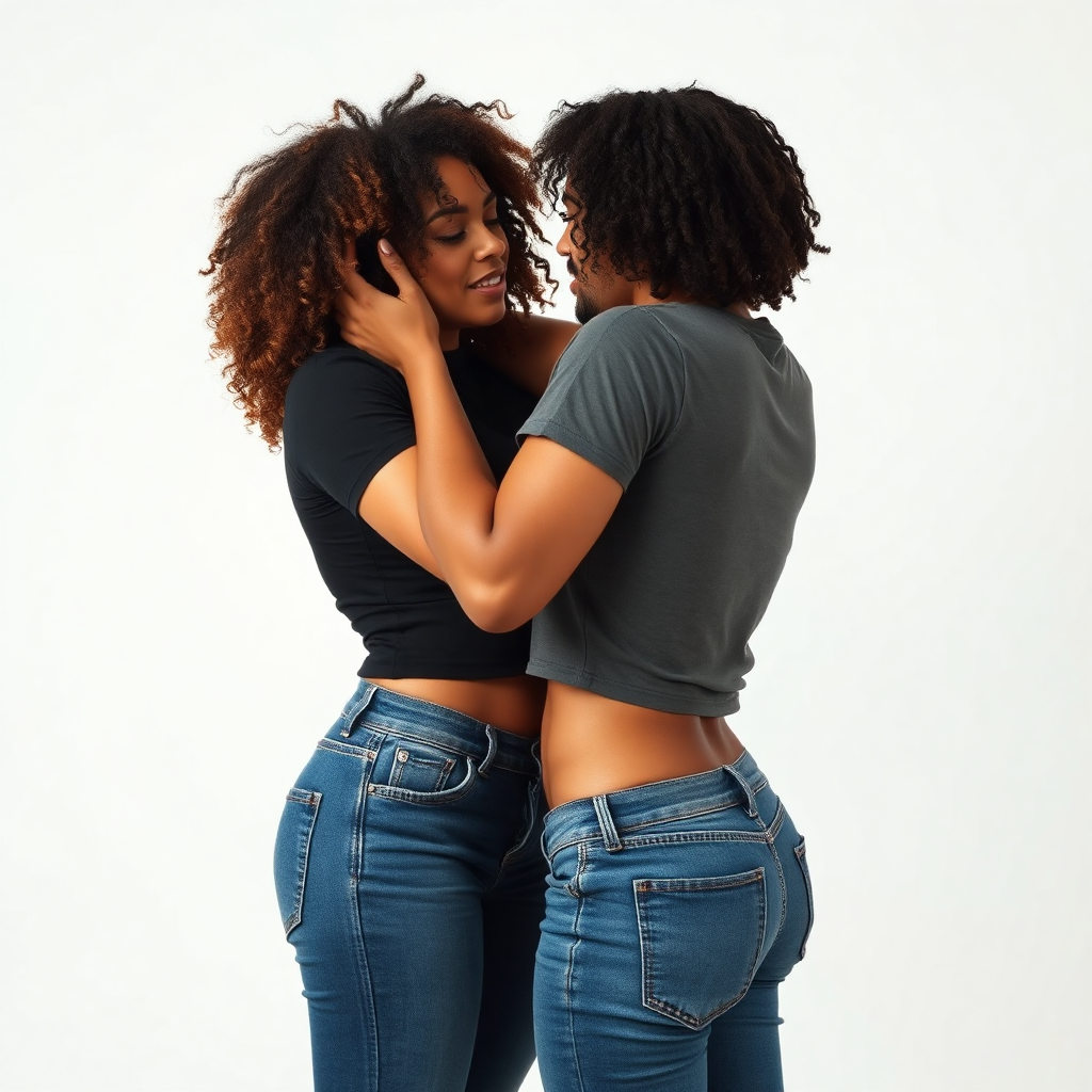 mixed race woman in tight high waisted jeans, curly hair, thick thighs, small waist, hour glass body, busty, giving sensual hug to her boyfriend