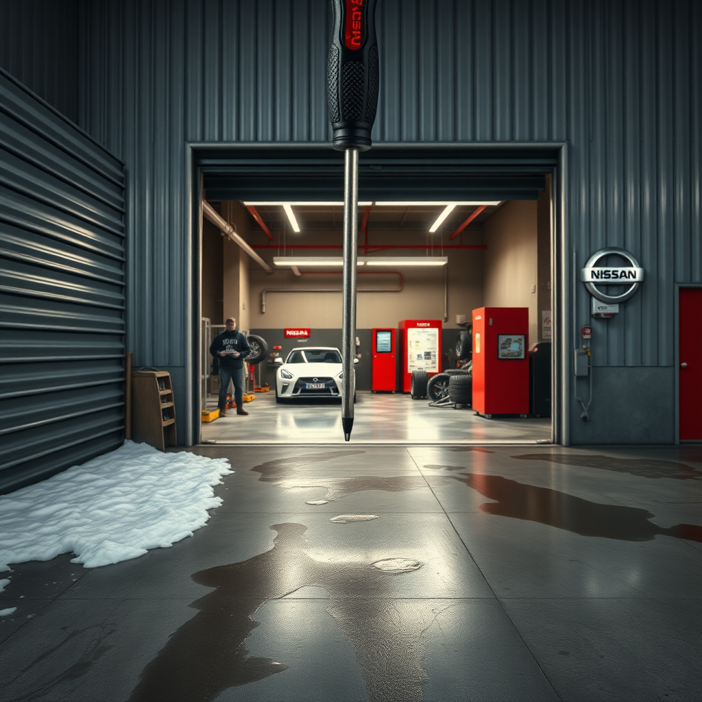 A mid-level auto repair shop, Aria Bengkel, with a slightly gritty, hyperrealistic impression. A black and red screwdriver hangs in the foreground, angled slightly downward, against a backdrop of a gray metal-sided building with horizontal ribbed panels. The shop's interior reveals tire-changing equipment, a white car, and a person standing in the garage. The concrete floor has patches of snow and puddles of dark brown-gray liquid, suggesting recent work and possible drips. The building's interior has a muted, industrial feel with gray walls and large industrial lighting. A red kiosk is placed within the shop's interior. A "Nissan" logo is prominently displayed on the wall. The colors are predominantly grays, dark browns, reds, and whites, with the metallic surfaces showing a subtle reflection of light. The scene should be sharply detailed, focusing on the textures of the metal panels, the drips on the concrete, and the contrast between the cleanliness of the interior machinery and the more used, slightly greasy look of the floor.