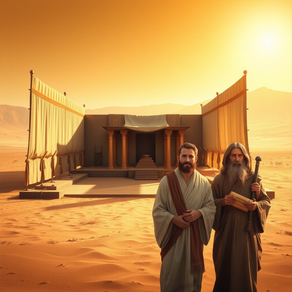 A highly realistic depiction of the sanctuary described in the Book of Exodus, set in a vast desert under a warm, golden sunlight. The sanctuary (Tabernacle) features a rectangular courtyard enclosed by fine linen curtains supported by bronze pillars, with a large, ornate entrance curtain. Inside the courtyard, include the bronze altar for burnt offerings and the laver for washing. The Tabernacle itself, located at the center, is a portable structure with rich coverings made of fine linen and animal skins, adorned with gold, silver, and bronze details. In the foreground, depict the biblical figures Daniel, Isaac, and Abraham standing reverently, facing directly toward the viewer with calm, serene, and slightly joyful expressions. Daniel holds a scroll, Isaac appears youthful and peaceful, and Abraham, with a flowing beard and staff, exudes wisdom and warmth. The background showcases the sanctuary and a barren, sandy desert landscape, creating a tranquil and spiritually uplifting scene.