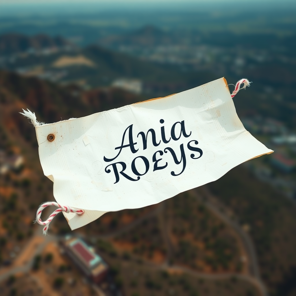 Raw photography 4D, extremely detailed, An oldest piece of napkin sign elegant text labeled "ARIA ROEYS" flaying on the wind. Aerial view image. 