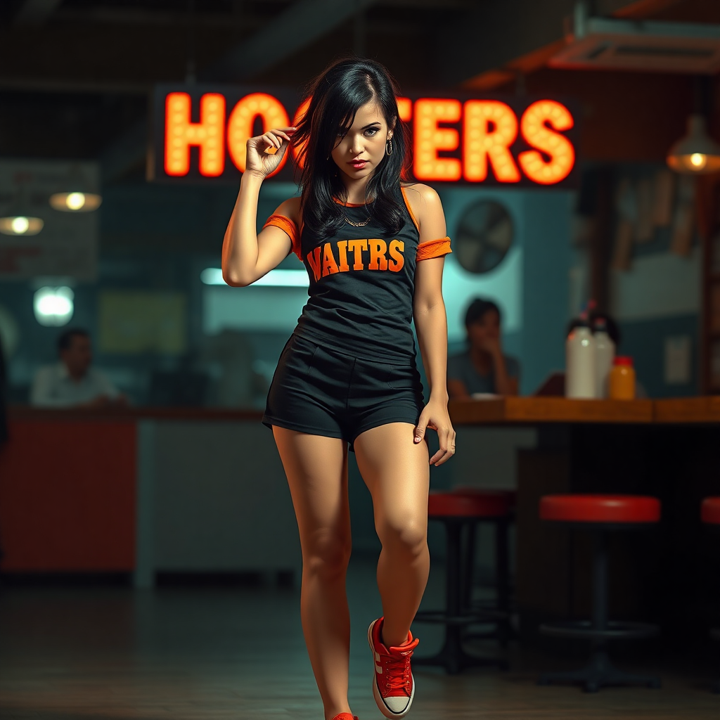 dark hair hooters waitress, loose hair, mini black short, orange sneakers, casting angry look