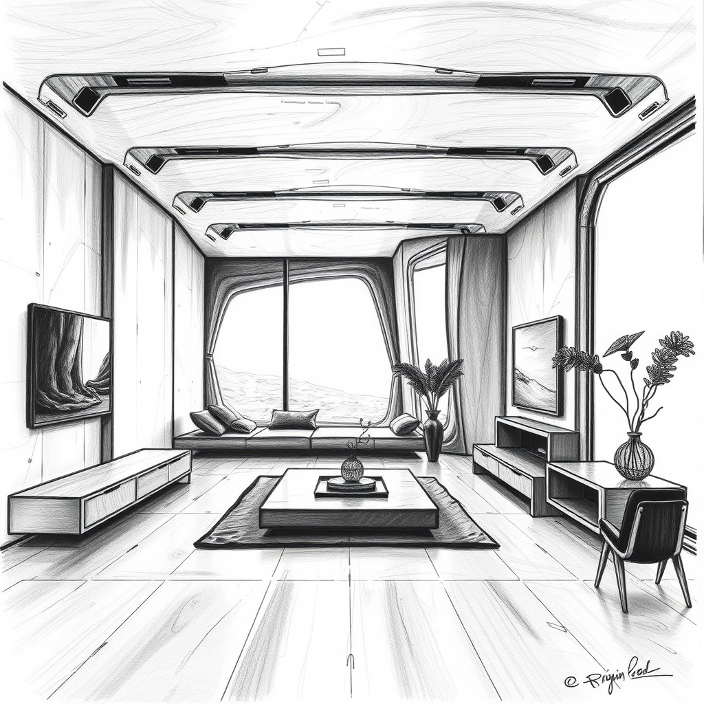 {a interior view of a conceptual, futuristic and modern interior, unifamiliar house, architectural space, minimalism},charcoal drawing style,dramatic contrast,expressive strokes,dynamic composition,professional-grade finish, futuristic aesthetic