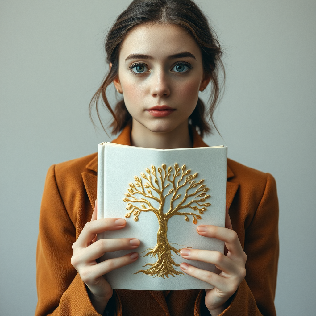 Imagine a 21-year-old girl with pale skin and a round face, adorned with small freckles that give her a fresh and youthful air. Her eyes, dark as night, reflect curiosity and depth. She wears a blazer in a warm earthy color that highlights her figure. In her hands she holds a white book, which stands out for a beautiful tree carved in gold on its cover, symbolizing knowledge and growth. The scene evokes a mix of elegance and wisdom, inviting you to explore the pages of her book full of stories and adventures. 