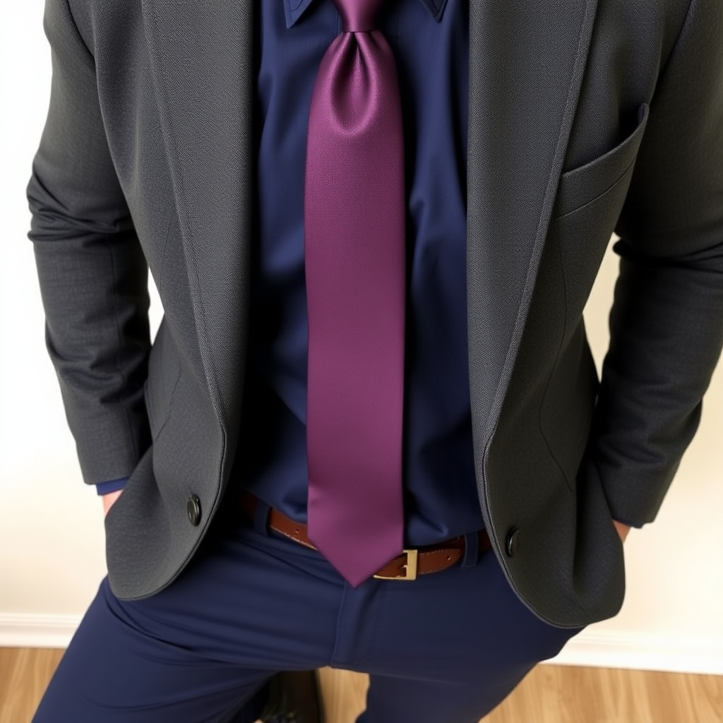 A person wearing dark navy blue pants, a navy blue shirt, a dark gray cowboy jacket, a dark purple tie with a simple black border, black shoes, and a belt.