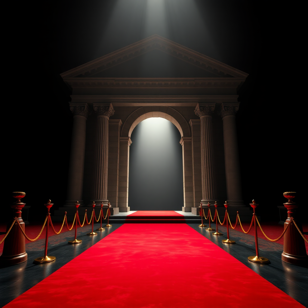 UHD, 4K, {large majestic portico with arch, stone, neoclassical style, (isolated in a large black empty space1:2), beam of light coming through a lateral illuminates the large stately portico, Red carpet flanked with golden cord and pedestals}, dramatic lighting, high contrast, 35mm, lateral upper perspective view, professional, epic, highly detailed