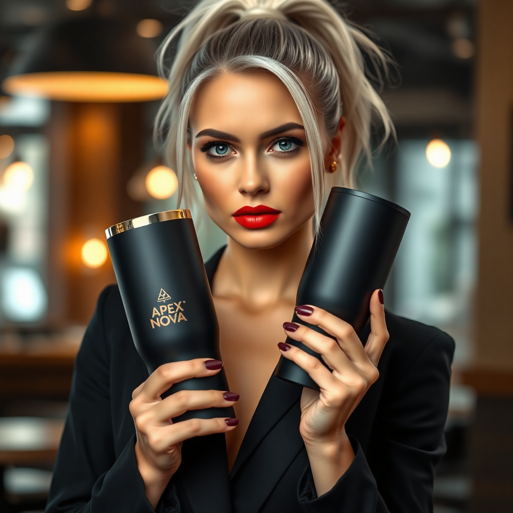 "A striking, high-end promotional scene featuring a sleek matte black tumbler with an embossed logo, gracefully held by a stunning woman with silver hair tied in a high ponytail, piercing green eyes, and full, red lips. She is wearing a sleek black blazer and exudes confidence and sophistication. The tumbler features a premium, minimalist design with a gold-accented “Apex Nova” logo. The background is softly blurred, evoking a luxurious, modern coffee shop atmosphere with warm ambient lighting."