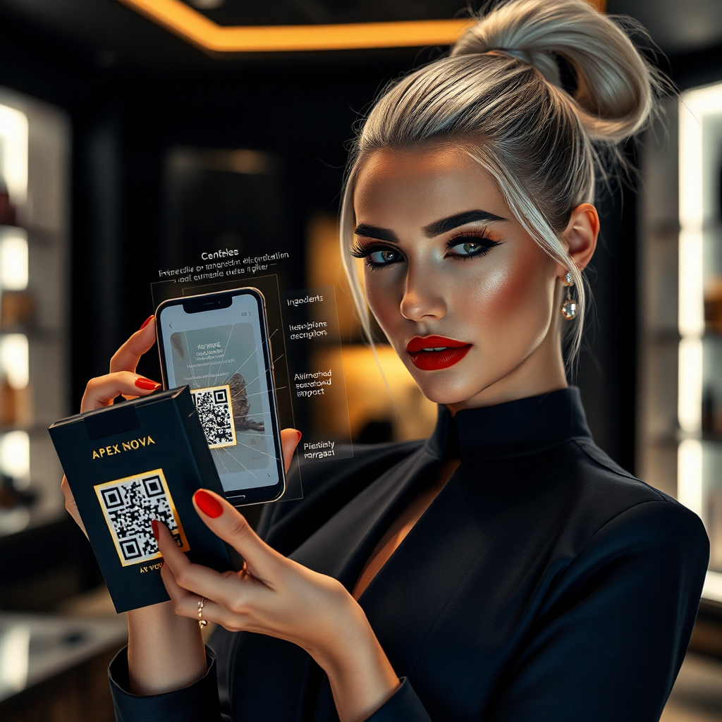 "A futuristic and sleek product display featuring an artisanal cosmetic or specialty food with integrated augmented reality (AR) technology. The packaging is sleek and modern, with a minimalist design incorporating a stylish QR code printed on gold “Apex Nova” foil. A stunning woman with silver hair tied in a high ponytail, mesmerizing green eyes, and full red lips holds the package confidently. She scans the QR code with her smartphone, revealing a holographic-like augmented reality experience displaying interactive product details: floating ingredient descriptions, an animated visualization of sustainability impact, and a preview of the brand’s social media filter. The setting is a high-end boutique or modern, sophisticated workspace with soft ambient lighting. The composition balances realism and innovation, with a cinematic color palette of deep navy blue, gold accents, and matte neutrals. The image exudes exclusivity, technology, and next-level branding, emphasizing the perfect blend of physical and digital marketing."