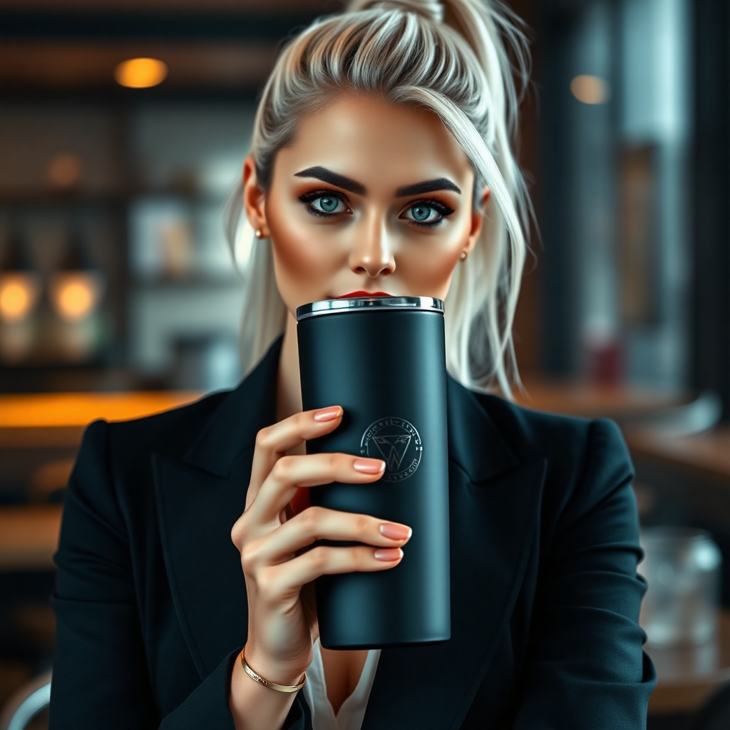 "A stunning, high-end promotional scene featuring a sleek, matte black tumbler with an elegant embossed logo, held gracefully by a breathtaking woman with silver hair tied in a high ponytail, piercing green eyes, and full red lips. She is wearing a stylish black blazer, exuding confidence and sophistication. The tumbler has a premium minimalist design with a gold-accented logo. The background is softly blurred, evoking a luxurious, modern café setting with warm ambient lighting."