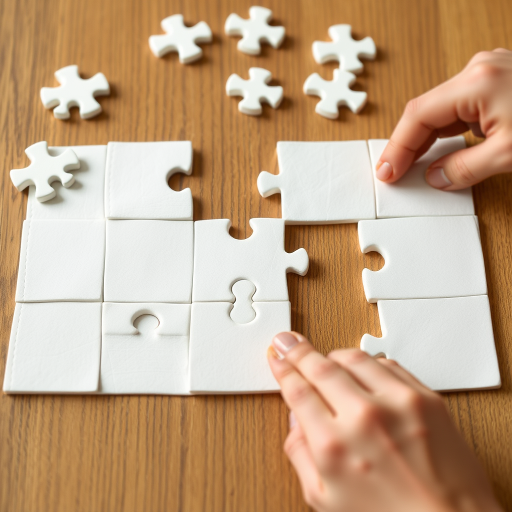 assembling a puzzle of white pieces