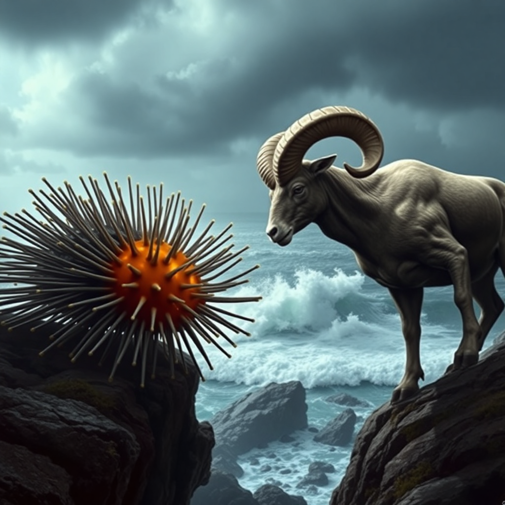 "Create a dramatic image of a sea urchin and a ram in an intense standoff, facing each other in an aggressive manner. The sea urchin’s sharp spines are extended outward, glowing faintly, exuding an aura of danger. The ram stands firm, its muscular body tense, and its horns lowered in a threatening posture, ready to charge. The background should depict a surreal coastal cliffside under a stormy sky, with crashing waves and jagged rocks, emphasizing the tension and raw energy of their confrontation."
