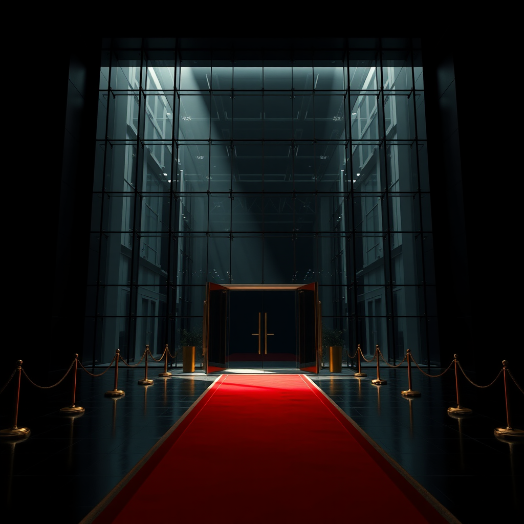 UHD, 4K, {large majestic glass entrance to modern and organic futuristic building, large windows to the floor, (isolated in a large black empty space1:2), beam of light coming through a lateral illuminates the large stately portico, Red carpet flanked with golden cord and pedestals}, dramatic lighting, high contrast, 35mm, lateral upper perspective view, professional, epic, highly detailed