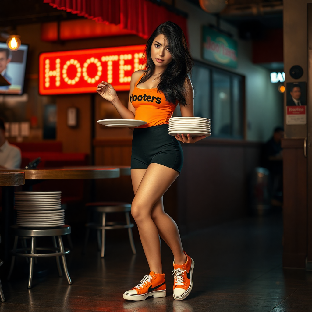 dark hair hooters waitress, loose hair, mini black short, orange sneakers, holding plates 