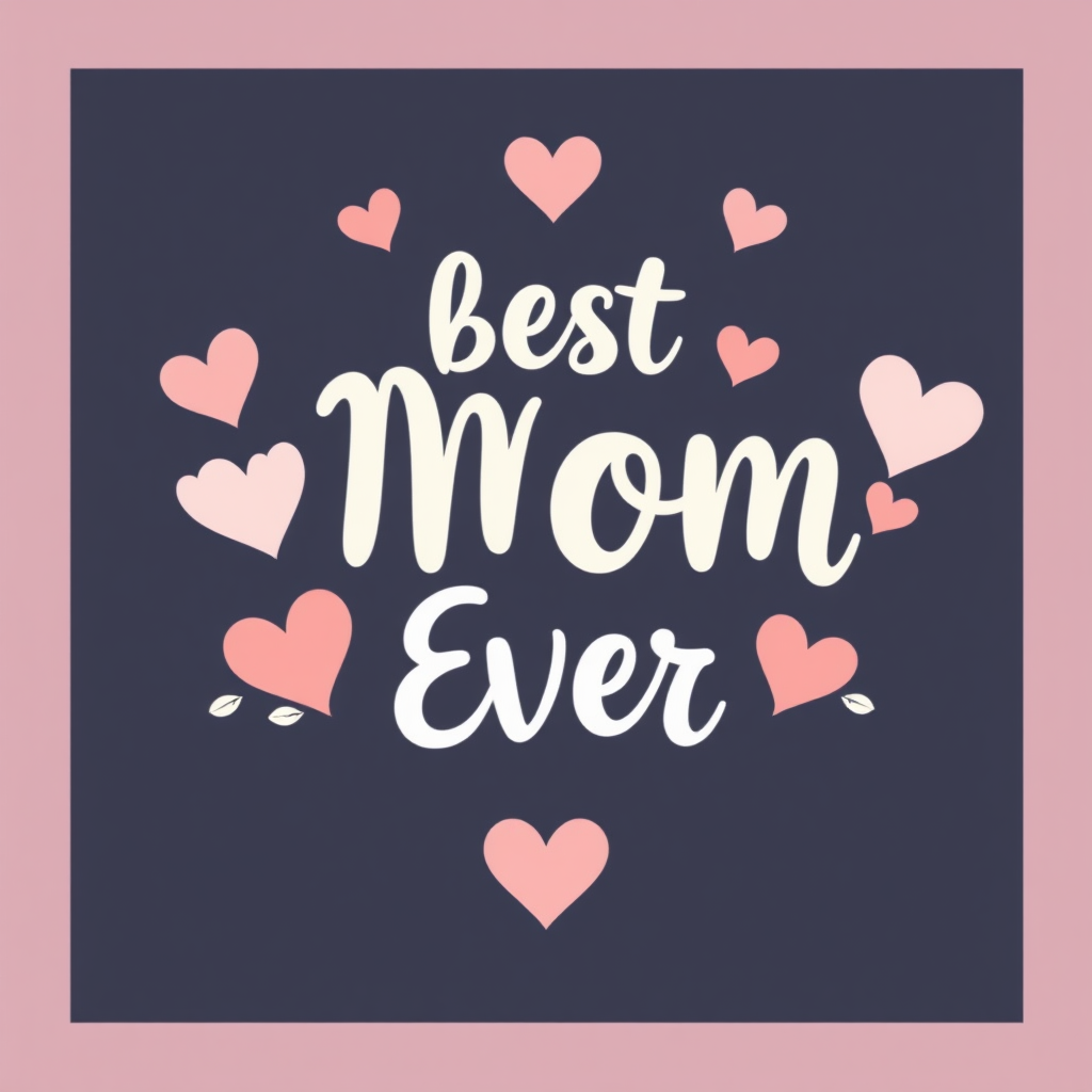 Create a vector design that embodies the theme of love and emotional connection between a child and their mother.The design must prominently feature the text 'Best Mom Ever' in a playful yet elegant font.Incorporate visual elements such as hearts, flowers, or symbols that represent care and affection, such as hugs or intertwined hands.Use a color palette that evokes warmth and happiness, focusing on soft pastels or vibrant colors that appeal to a wide audience.Ensure that the overall composition is balanced and visually appealing, making it suitable for use on greeting cards, gifts, or home decor items.