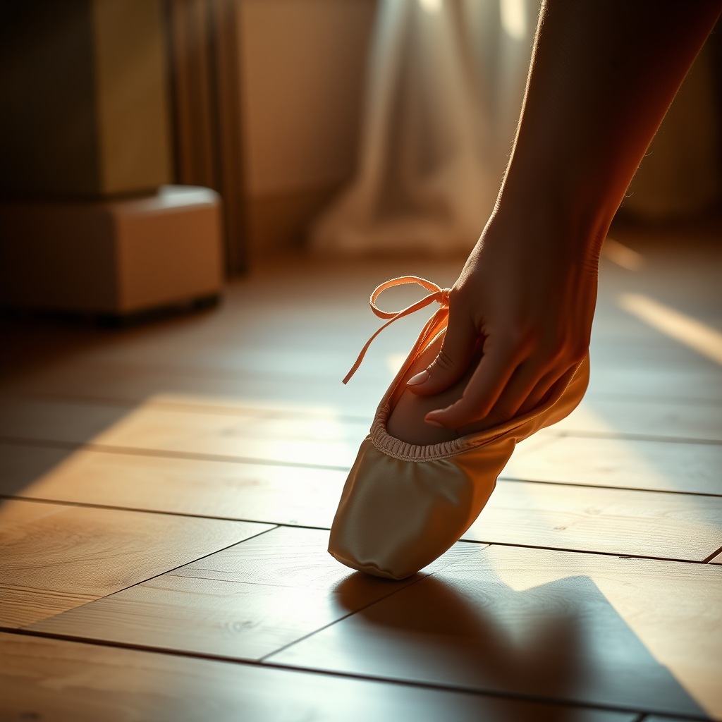 UHD, 4k, ultra detailed, cinematic, {a fashion photograph of a close-up view of two 5-fingered hands delicately tying ballet slippers on a floor made of new beech wood planks, (twilight rays)}, epic, beautiful lighting, inspiring,