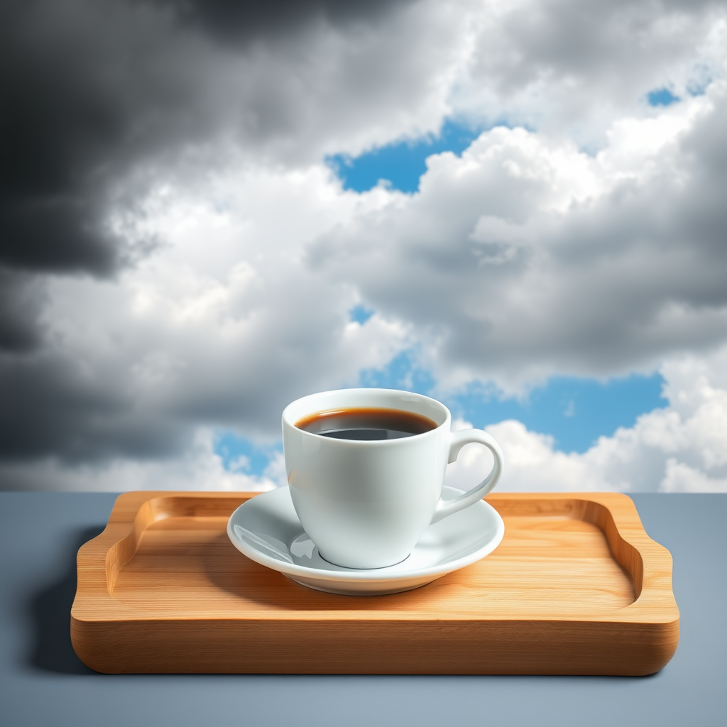 A white coffee cup filled with dark brown coffee sits on a light wooden tray, positioned in the mid-ground of the image.  The cup is centered and slightly angled towards the viewer. The saucer beneath the cup is also white.  The tray is a light, warm brownish-tan wood. A dramatic sky is artfully layered into the background. Dark, gray clouds dominate the top and bottom halves of the image.  A bright blue sky, with a few small, white clouds, is positioned between the dark clouds, creating a contrast emphasized by the location of the cup. The light source for the image appears to come from above and to the upper middle of the image, highlighting the coffee cup and tray. The perspective is slightly tilted down towards the subject in the image. The overall image style is an evocative depiction of a transition in weather.