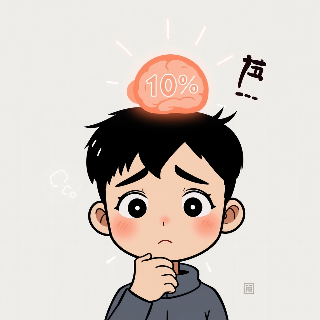 Create a minimalist cartoon scene in the style of Pencilmation with Manhwa-inspired details. The scene features a character thinking deeply, with a brain icon above their head. Inside the brain, a highlighted red circle shows '10%' to symbolize the myth. The character has a confused yet curious expression, with eyes wide open and eyebrows raised, symbolizing their inner questioning. The background is simple, with faint gray grids to evoke a sense of thought or contemplation. Subtle glowing lines emanate from the brain icon, emphasizing the potential of the human mind. A small caption or icon nearby should suggest truth and exploration, debunking the myth. The lighting should be soft, with a cinematic quality, highlighting the character’s expression and the myth-busting theme.