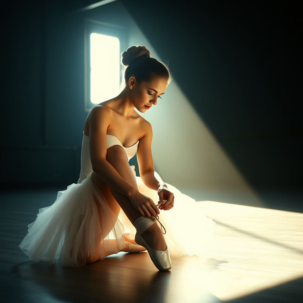 UHD, 4K, {classical ballet dancer, hair up, tutu, sitting on floor, (tying ballet shoes:1.2), large dark rehearsal room, beam of light coming through a single window illuminates the shoe she is tying}, dramatic lighting, high contrast, 35mm, professional, epic, highly detailed