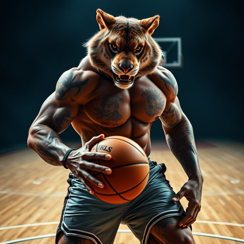 : Create a hyper-realistic, cinematic image of a [Animal Name] with the physique of a strong, muscular human, playing basketball. The [Animal Name] should have its natural head and features but with a powerful, human-like body covered in tattoos, wearing basketball shorts and holding a basketball with a fierce and intense expression. Set the scene on a basketball court with a dark, intense atmosphere, adding dramatic lighting that highlights the animal's muscular build and intimidating presence