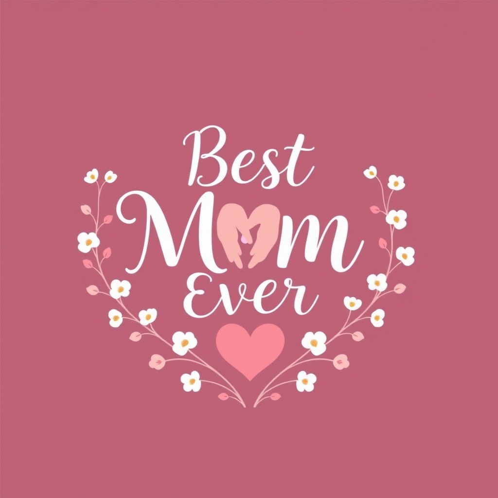 Create a heartwarming vector design for a Mother's Day gift or card, featuring the text "Best Mom Ever" prominently displayed in an elegant and legible font (consider options like a flowing script or a clean sans-serif with a touch of personality).  Incorporate visual elements that subtly yet powerfully convey the emotional bond and love between a mother and child(ren).  Consider using intertwined or overlapping shapes that represent connection, such as stylized hands gently holding each other, delicate floral elements (like forget-me-nots or stylized roses) subtly framing the text or forming a heart shape, or radiating lines/auras emanating from the text or a central element to symbolize warmth and affection. The overall style should be clean, modern, and emotionally resonant, avoiding overly cartoonish or childish representations.  Specify a color palette that evokes feelings of love, warmth, and appreciation, such as soft pinks, purples, gentle yellows, or a sophisticated combination of pastel and slightly bolder accent colors. Ensure the design is scalable and suitable for various applications, maintaining its clarity and impact at different sizes.