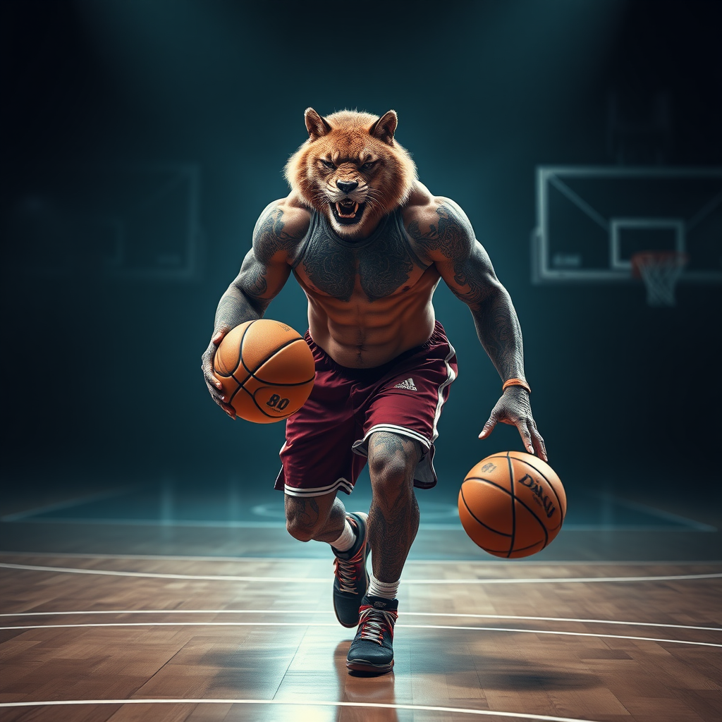 : Create a hyper-realistic, cinematic image of a [Animal Name] with the physique of a strong, muscular human, playing basketball. The [Animal Name] should have its natural head and features but with a powerful, human-like body covered in tattoos, wearing basketball shorts and holding a basketball with a fierce and intense expression. Set the scene on a basketball court with a dark, intense atmosphere, adding dramatic lighting that highlights the animal's muscular build and intimidating presence