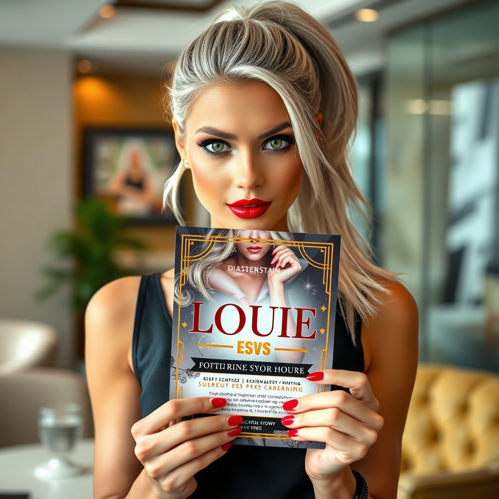 "A beautifully designed flyer held gracefully by a stunning woman with silver hair in a ponytail, intense green eyes, and luscious red lips. The flyer features a high-end, modern layout with elegant typography, gold accents, and a visually appealing design. The setting is a sophisticated lounge or workspace, where she presents the flyer with confidence. The composition ensures the flyer remains the focal point while complementing the model’s elegance and branding power."