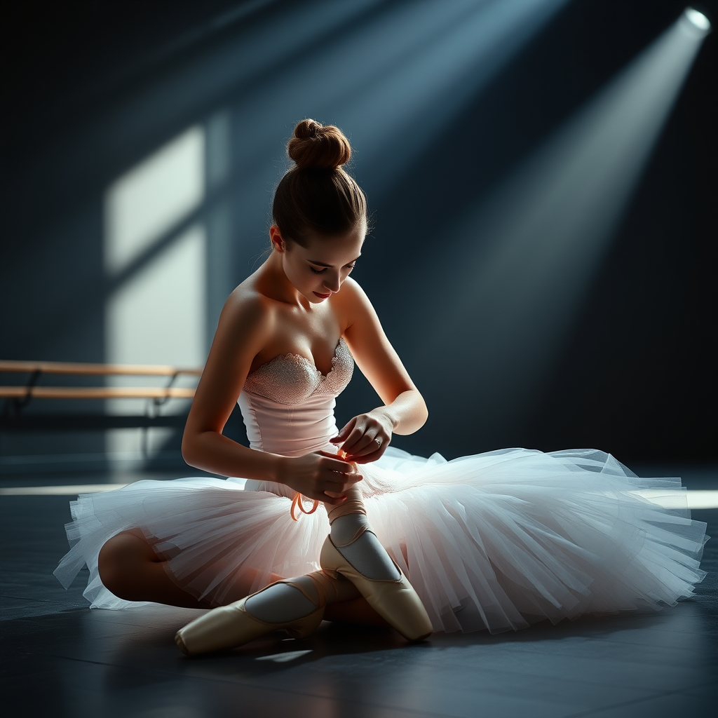 UHD, 4K, {classical ballet dancer, hair up, tutu, sitting on floor, (tying ballet shoes:1.2), large dark rehearsal room, beam of light coming through a lateral illuminates the shoe she is tying}, dramatic lighting, high contrast, 35mm, professional, epic, highly detailed