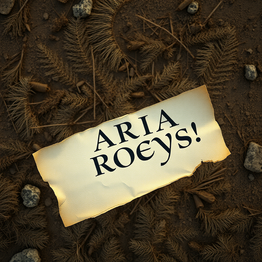 Raw photography 4D, extremely detailed, An oldest piece of paper sign elegant text labeled "ARIA ROEYS" flaying on the wind. Aerial view image. 