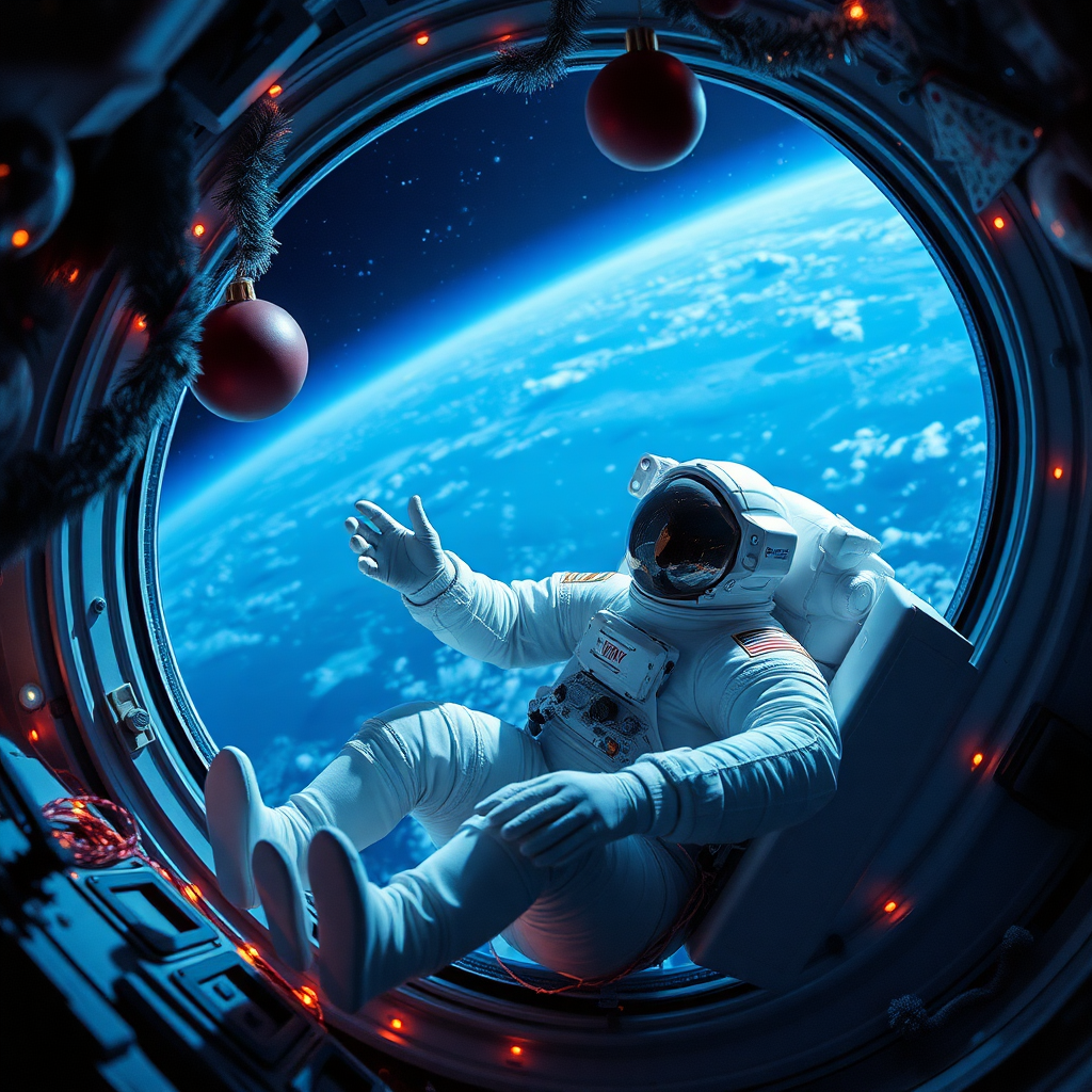 An astronaut celebrating Christmas in space