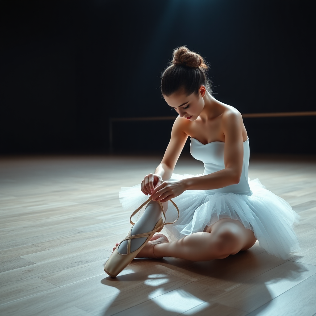 UHD, 4K, {classical ballet dancer, hair up, tutu, sitting on floor, floor made of a clear planks of wood (tying ballet shoes:1.2), large dark rehearsal room, beam of light coming through a lateral illuminates the shoe she is tying}, natural skin, dramatic lighting, high contrast, 35mm, professional, epic, highly detailed