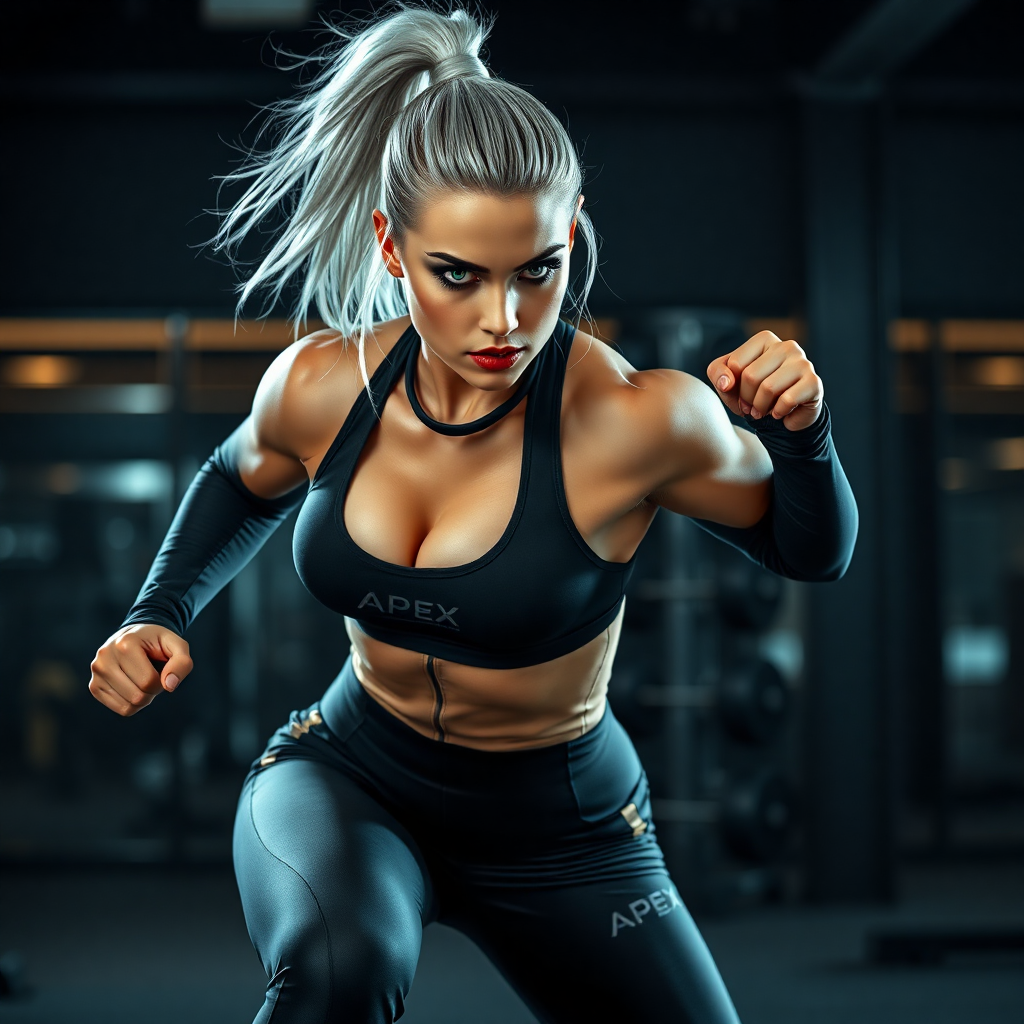 "A dynamic and powerful fitness-inspired scene featuring a strong, confident woman with silver hair pulled back in a high ponytail, piercing green eyes and bold red lips wearing a sleek black and gold 'Apex Nova' branded tracksuit (leggings and fitted top). The branding is subtle yet elegant, integrated into the design with premium finishes. She is in full motion in a high-end gym, exuding energy and determination. The lighting is dramatic, with shadows emphasizing the textures of the fabric and the strength of her pose."