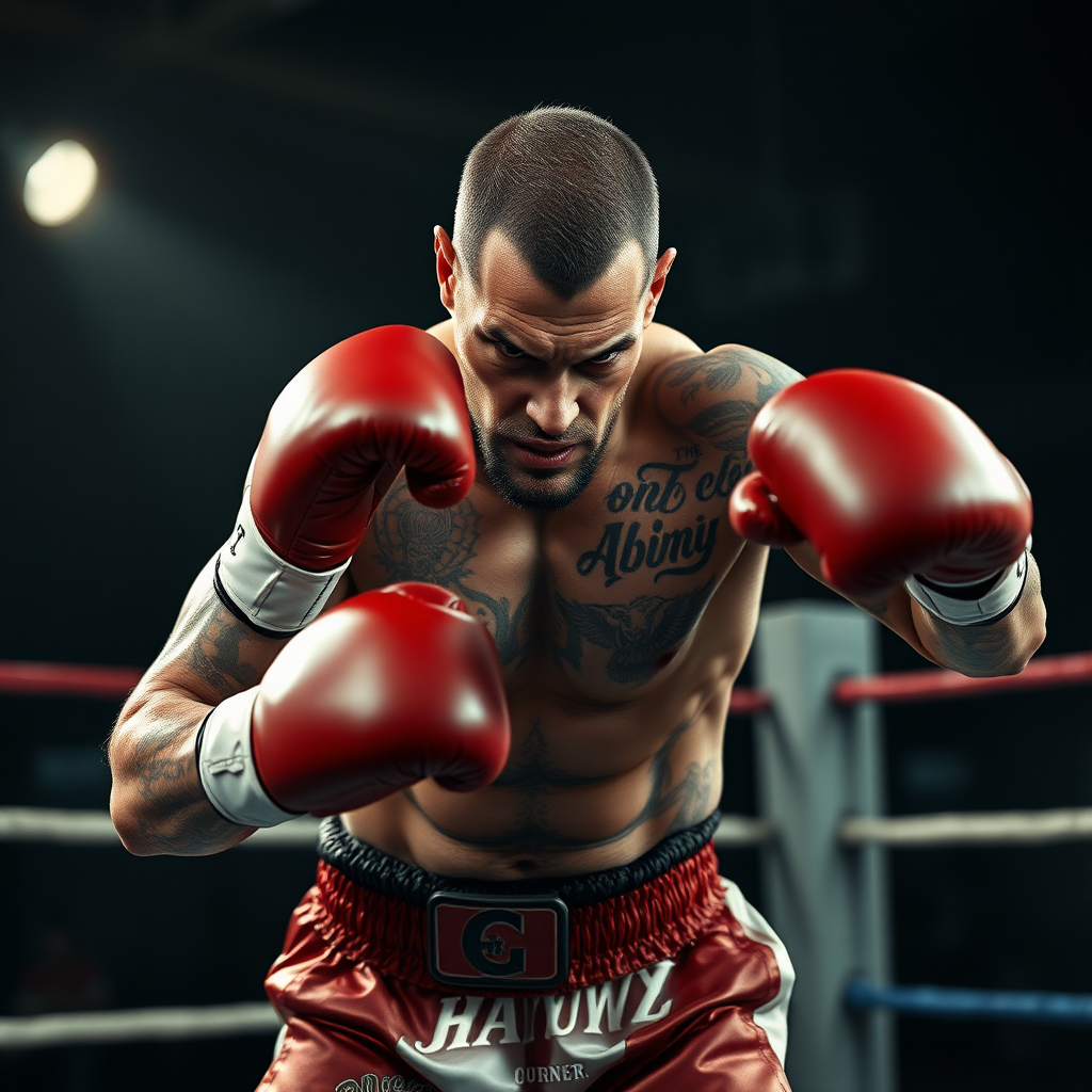 : Create a hyper-realistic, cinematic image of a [boxer man] with the physique of a strong, muscular human, boxing. The [man] should have its natural head and features but with a powerful, human-like body covered in tattoos, natural skin appearance, wearing boxing shorts and globes, with a fierce and intense expression. Set the scene on a boxing court with a dark, intense atmosphere, adding dramatic and natural lighting that highlights the man's muscular build and intimidating presence