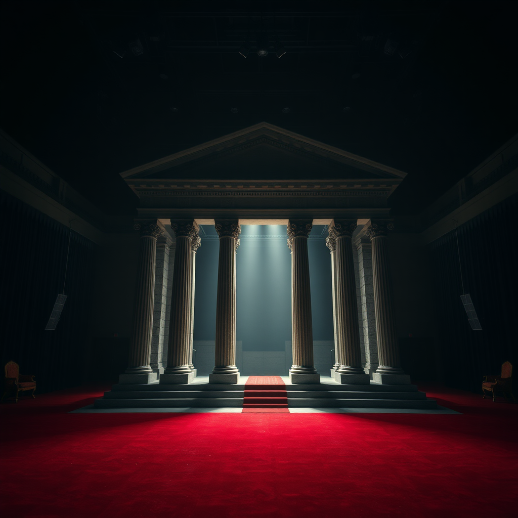 UHD, 4K, {large stately portico, stone, neoclassical style, isolated in a large dark rehearsal room, beam of light coming through a lateral illuminates the large stately portico, red carpet}, dramatic lighting, high contrast, 35mm, lateral upper perspective view, professional, epic, highly detailed