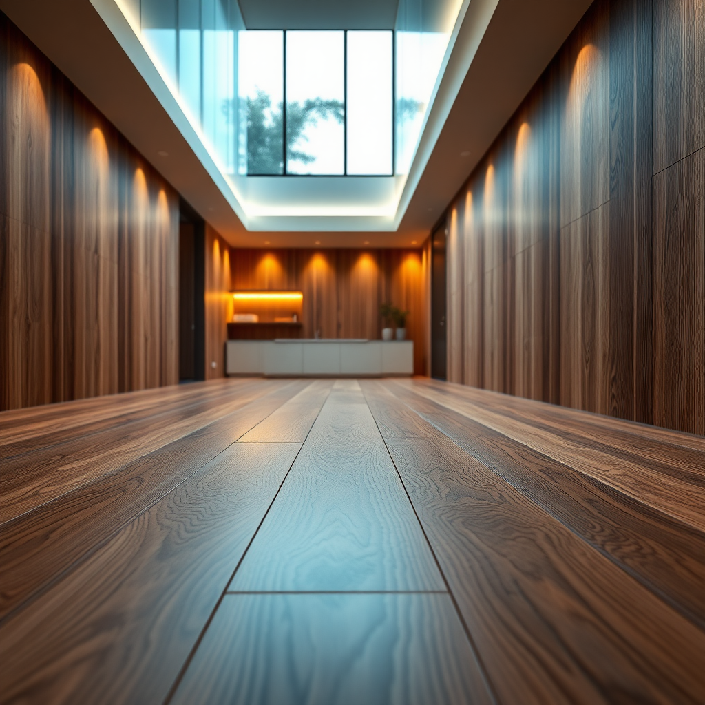 UHD, 4K, {close up of an elegant laminated wooden floor, without joints, modern, futuristic unifamiliar house}, dramatic lighting, high contrast, 35mm, lateral upper perspective view, professional, epic, highly detailed