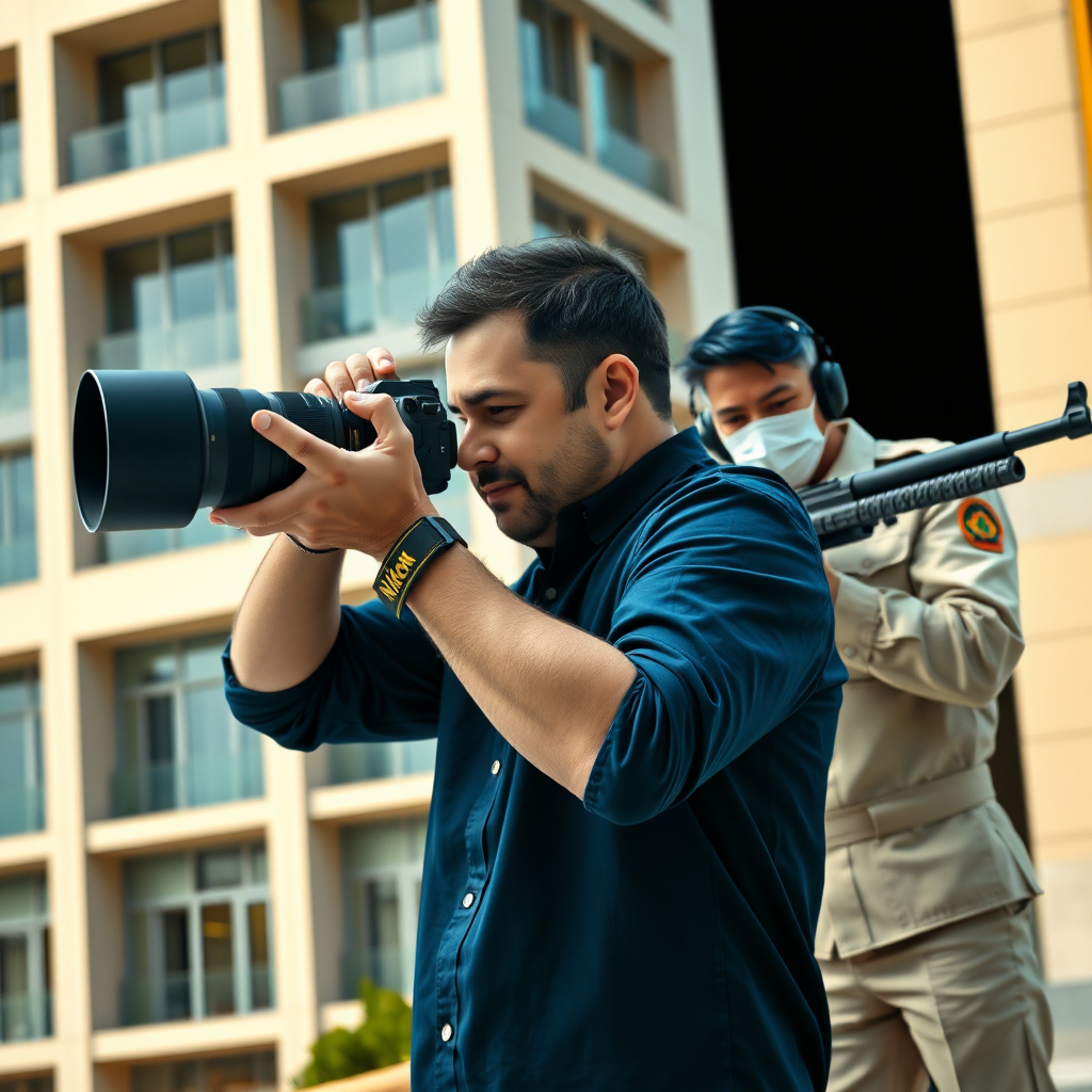 Raw photography 4D, extremely detailed A image scene. A man in a dark blue shirt, wearing a Nikon wristband, actively taking a photograph. Focus is on his hands holding a DSLR camera with a large lens. He is positioned in front of a modern, cream colored building with large glass windows, and a slightly stylized, almost impressionistic,  treatment of the building exterior. The building has a strong sense of depth and form, with multiple levels and balconies indicated by shadows and architectural lines. The light suggests an outdoor setting in a bright day. Beside the other man in a light beige uniform,  wearing a face mask, positioned with a long-barreled weapon aimed. He is holding the weapon in his right hand, and his uniform is detailed with an insignia or emblem. He has dark blue/black hair.   A similar impressionistic approach to architecture and lighting is used on the building elements behind the right figure compared to the building on the left. The color palette is a combination of warm creams, light beige, and dark blues/blacks and greys, with a strong contrast between the man's uniform and the background. The overall aesthetics are photorealistic, but have some impressionistic effects.  A dark background visually separates the subjects from the building in both parts of the image. An important detail is the presence of ear protection on the right figure.