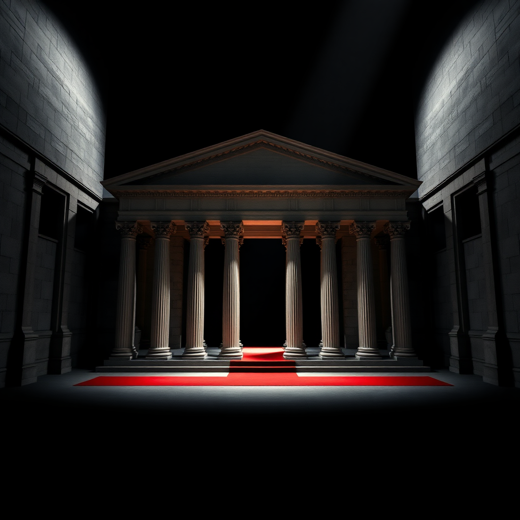 UHD, 4K, {large stately portico, stone, neoclassical style, isolated in a large black empty space, beam of light coming through a lateral illuminates the large stately portico, red carpet}, dramatic lighting, high contrast, 35mm, lateral upper perspective view, professional, epic, highly detailed