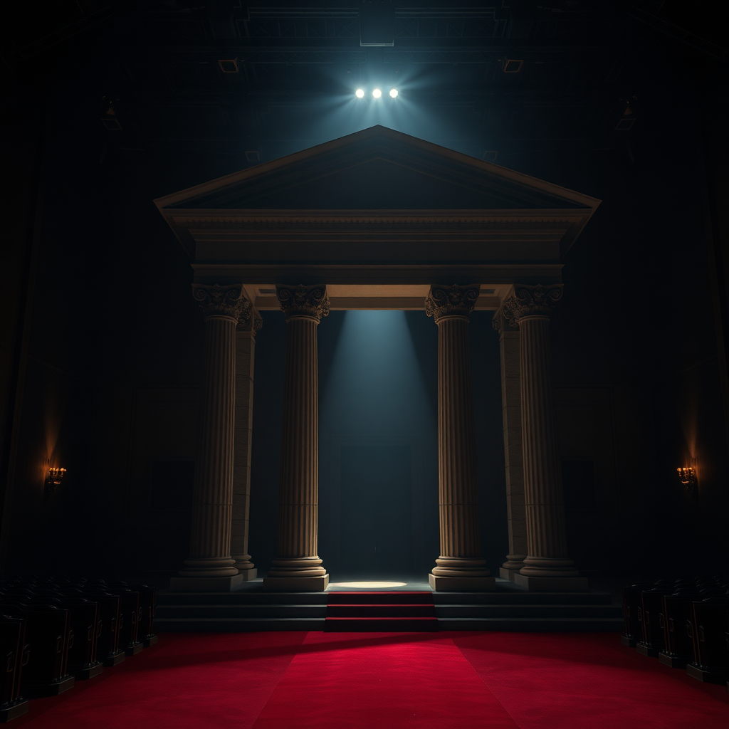 UHD, 4K, {large stately portico, stone, neoclassical style, isolated in a large dark rehearsal room, beam of light coming through a lateral illuminates the large stately portico, red carpet}, dramatic lighting, high contrast, 35mm, lateral upper view, professional, epic, highly detailed