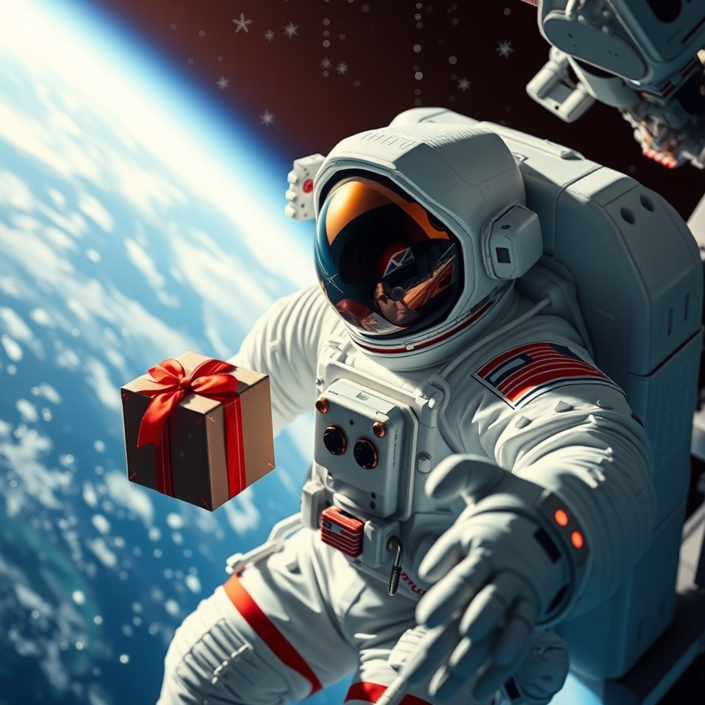 An astronaut celebrating Christmas in space