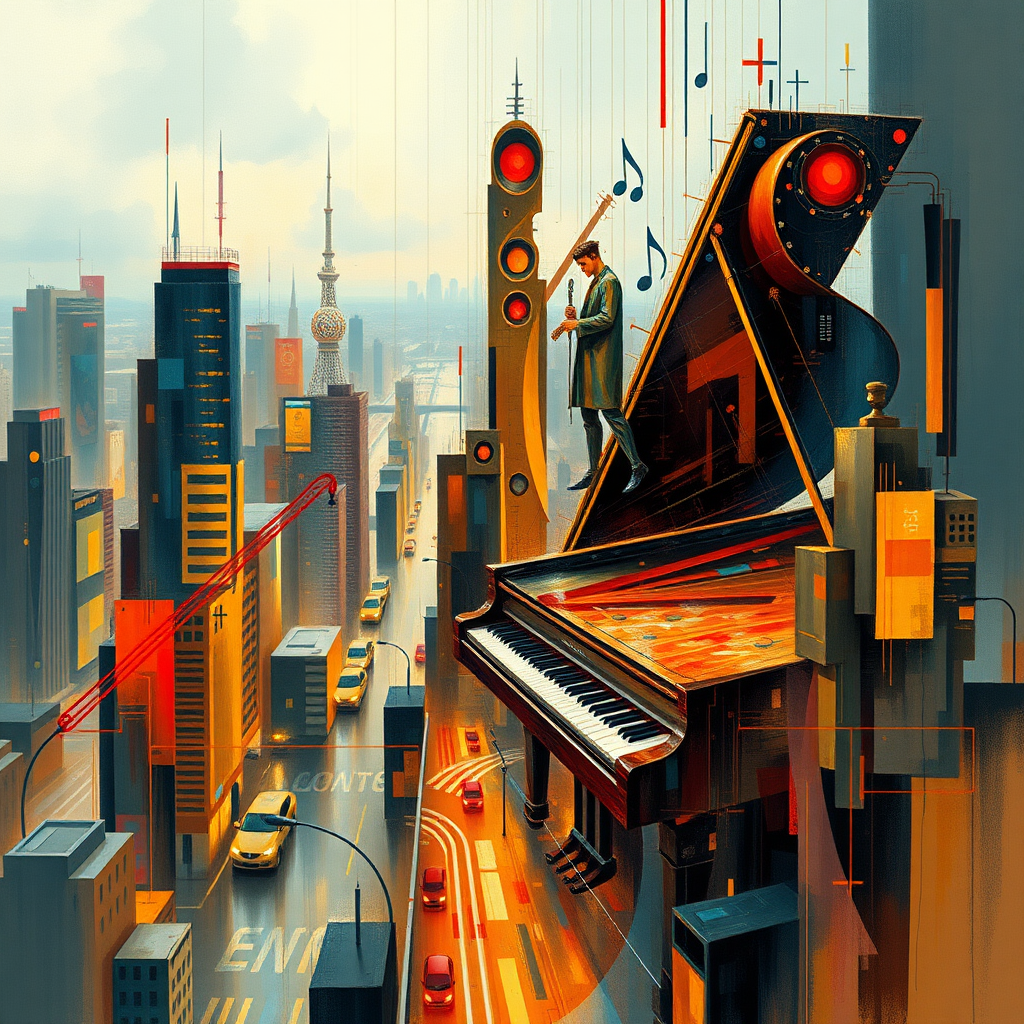 Abstract style art of musical cityscape, (cityrhythm), (urban), (synchronized), (architecturemusic), transformation, (giantpiano:1.5), (citylightsasnotes), (harmonious), (urbanbeat),colors and shapes,expression of feelings,imaginative,highly detailed