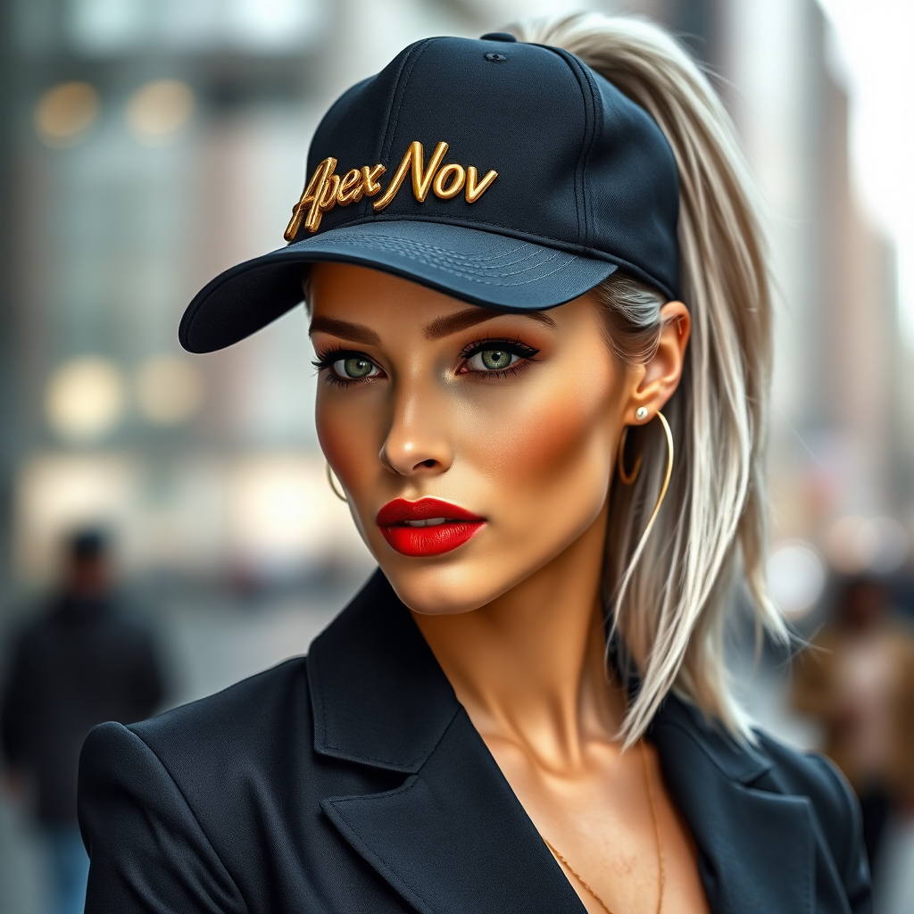 "A modern and stylish promotional portrait showing a confident woman with silver hair pulled back in a high ponytail, mesmerizing green eyes and full red lips, wearing a stylish black cap with a gold 3D embroidered “Apex Nova” logo. The cap fits her perfectly and enhances her elegant and sophisticated look. The background is a blurred urban environment suggesting a lifestyle of success, movement and ambition. The image has a high-fashion yet accessible feel, emphasizing the brand's exclusivity and personal empowerment."