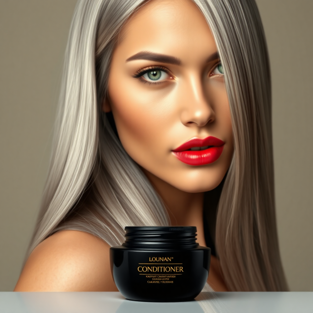 "Hyperrealistic portrait of a beautiful woman with long, silver, shiny hair, reflecting softness and silkiness. Her piercing green eyes convey confidence and elegance, while her full red lips add a touch of sophistication. The background is minimalist with neutral tones and soft lighting that highlights her radiant hair. At the bottom, a black, round and elongated conditioner bottle, with gold details and a screw cap on the top of the jar's mouth, standing out as the star product. The composition is balanced, with an elegant and modern design that evokes luxury and exclusivity."