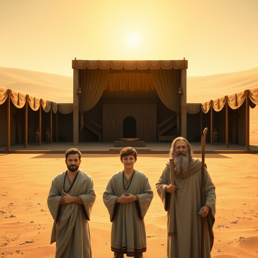 A highly realistic depiction of the sanctuary described in the Book of Exodus, set in a vast desert under a warm, golden sunlight. The sanctuary (Tabernacle) features a rectangular courtyard enclosed by fine linen curtains supported by bronze pillars, with a large, ornate entrance curtain. Inside the courtyard, include the bronze altar for burnt offerings and the laver for washing. The Tabernacle itself, located at the center, is a portable structure with rich coverings made of fine linen and animal skins, adorned with gold, silver, and bronze details. In the foreground, depict the biblical figures Daniel, Isaac, and Abraham standing reverently, facing directly toward the viewer with calm, serene, and slightly joyful expressions. Daniel holds a scroll, Isaac appears youthful and peaceful, and Abraham, with a flowing beard and staff, exudes wisdom and warmth. The background showcases the sanctuary and a barren, sandy desert landscape, creating a tranquil and spiritually uplifting scene.