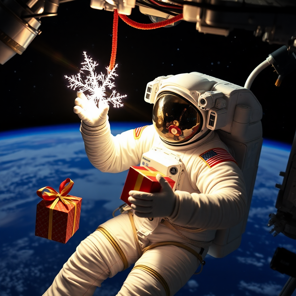 An astronaut celebrating Christmas in space