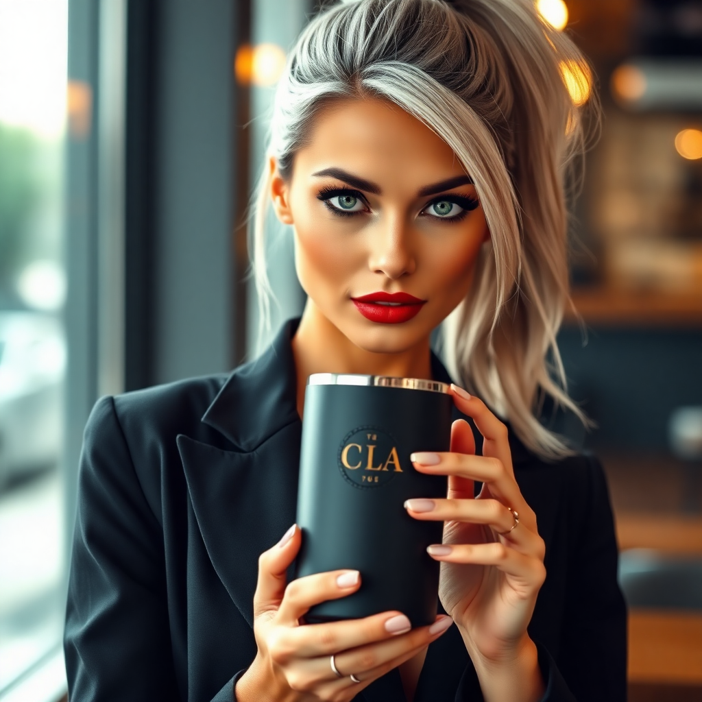 "A stunning, high-end promotional scene featuring a sleek, matte black tumbler with an elegant embossed logo, held gracefully by a breathtaking woman with silver hair tied in a high ponytail, piercing green eyes, and full red lips. She is wearing a stylish black blazer, exuding confidence and sophistication. The tumbler has a premium minimalist design with a gold-accented logo. The background is softly blurred, evoking a luxurious, modern café setting with warm ambient lighting."