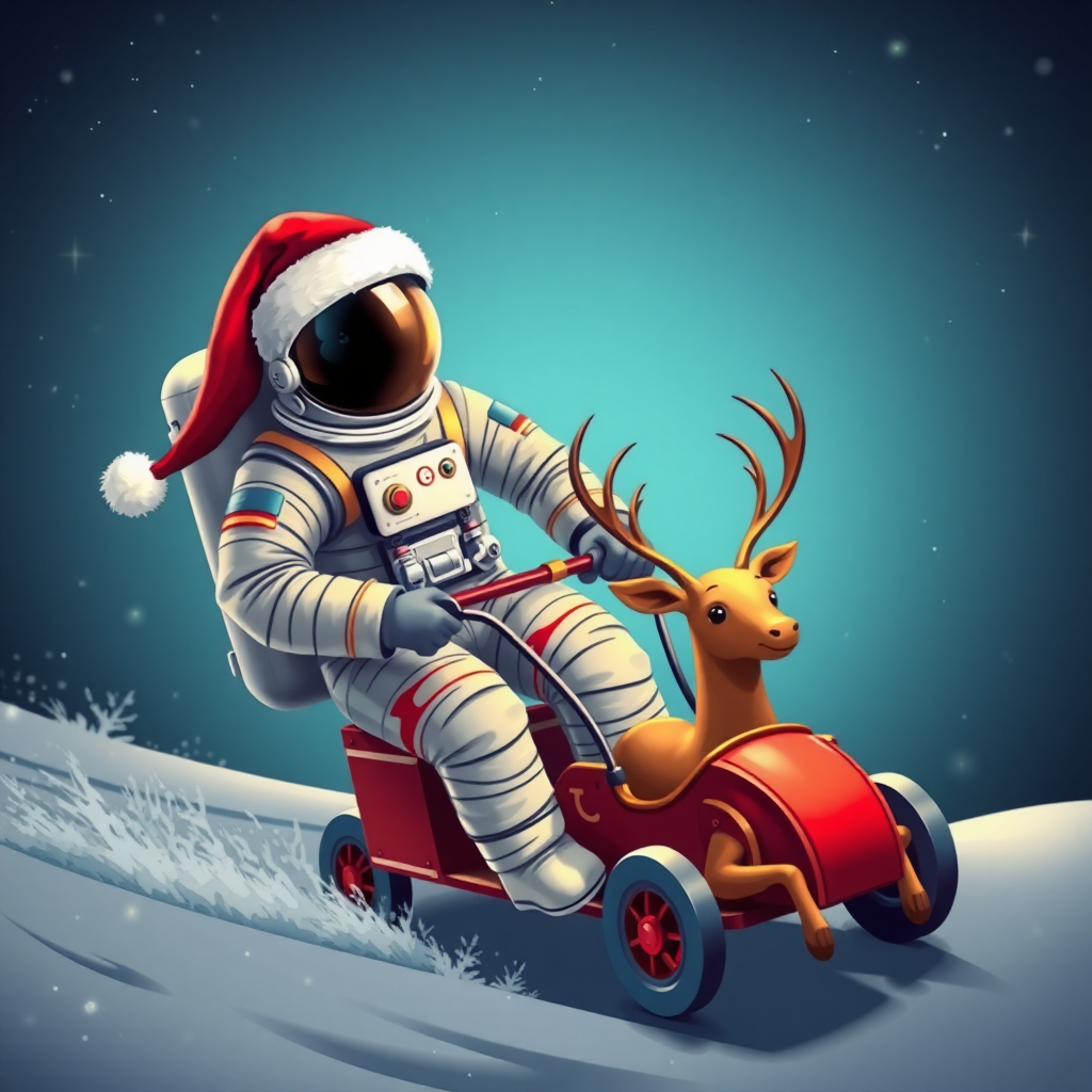 Astronaut wearing a Santa Claus hat pulling a deer car