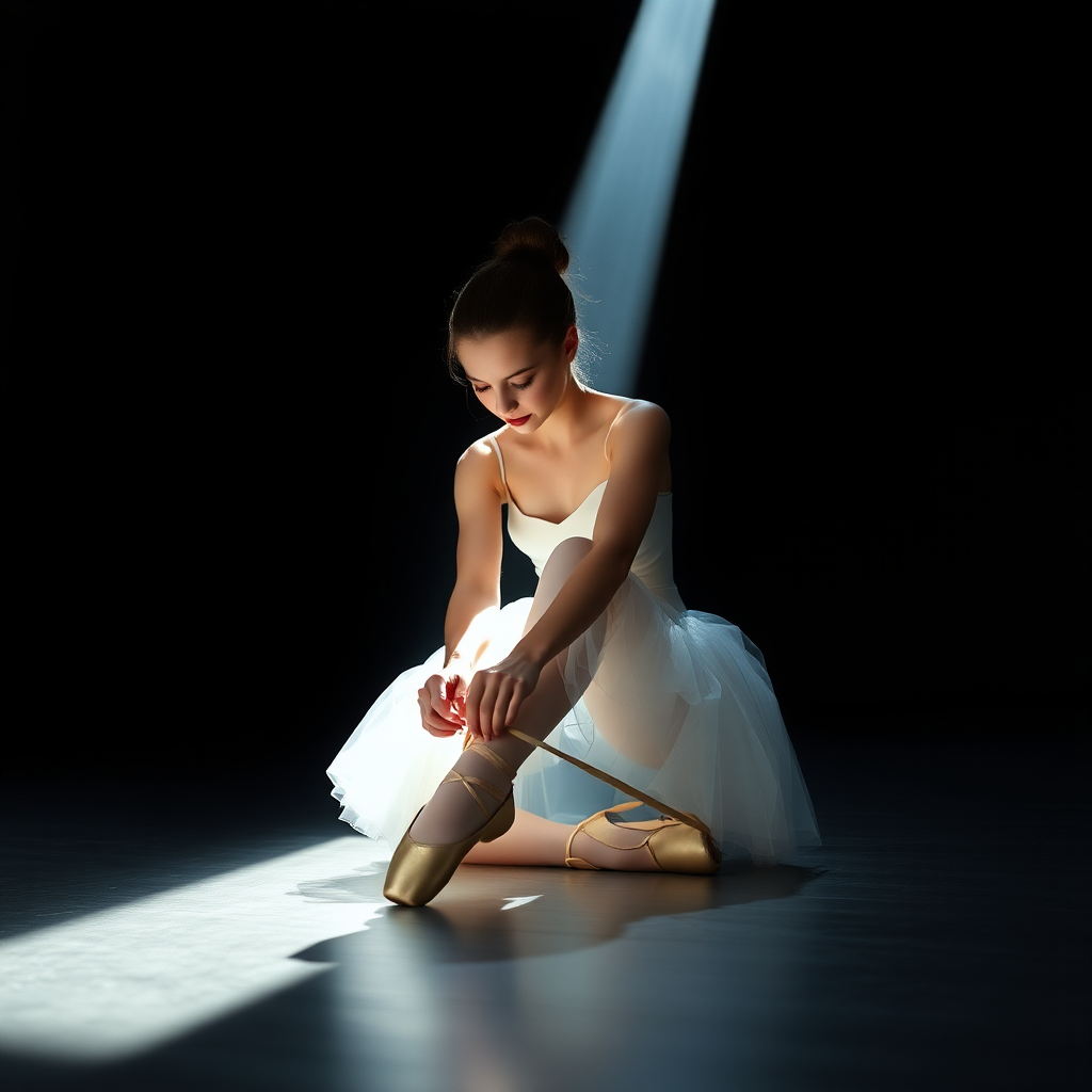 UHD, 4K, {classical ballet dancer, hair up, tutu, sitting on floor, (tying ballet shoes:1.2), large dark rehearsal room, beam of light coming through a lateral illuminates the shoe she is tying}, dramatic lighting, high contrast, 35mm, professional, epic, highly detailed