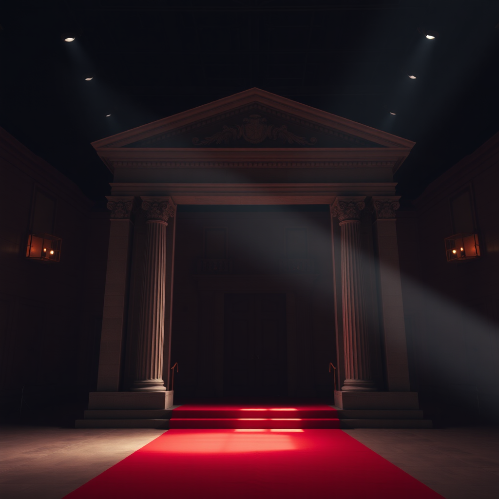 UHD, 4K, {large stately portico, stone, neoclassical style, isolated in a large dark rehearsal room, beam of light coming through a lateral illuminates the large stately portico, red carpet}, dramatic lighting, high contrast, 35mm, professional, epic, highly detailed