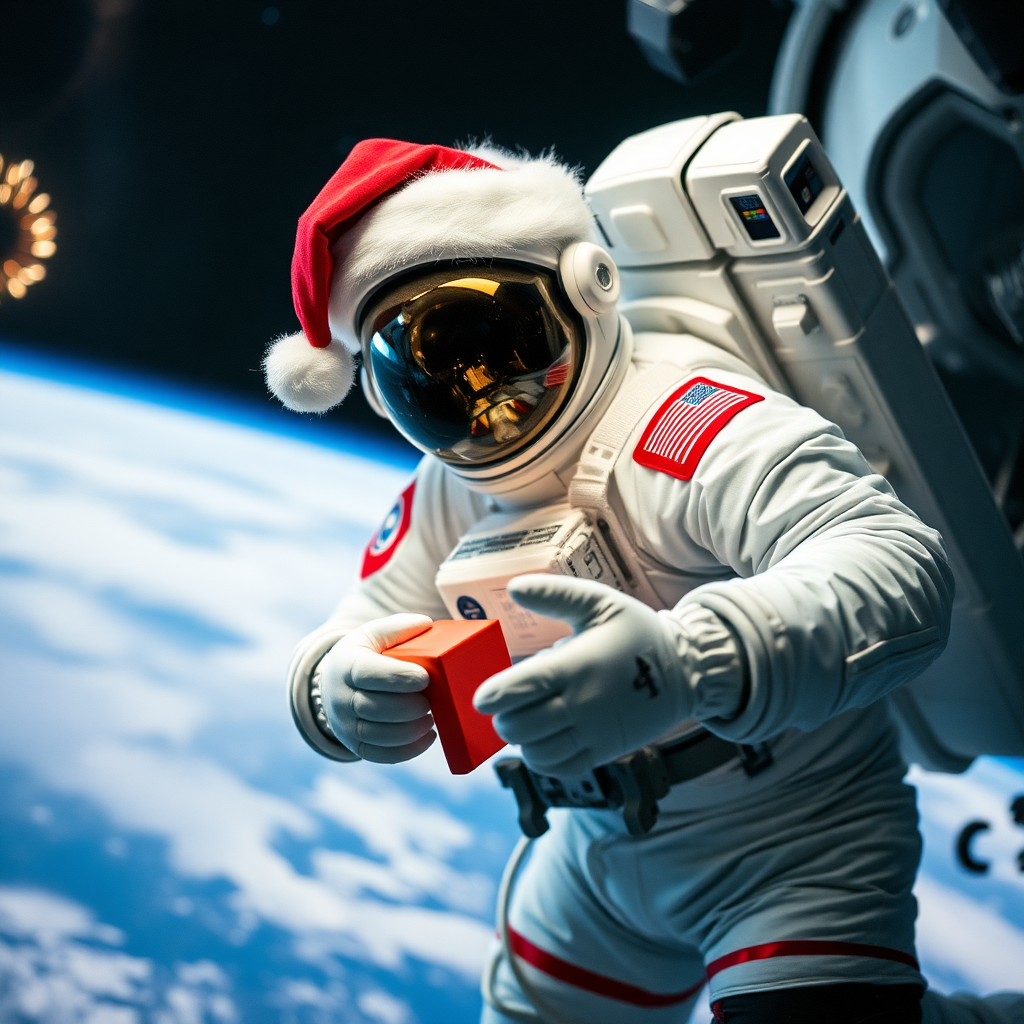 An astronaut celebrating Christmas in space